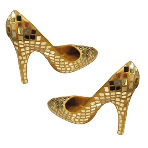 Gold Mirror Mosaic 6 in High Heel Shoe Pair Tabletop Accent Sculpture Set 2 - Picture 1 of 3