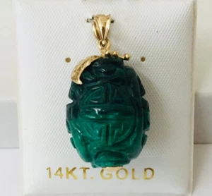 Large 14K Yellow Gold Natural Malachite Hand carved Oval Ball Pendants NEW - Picture 1 of 9