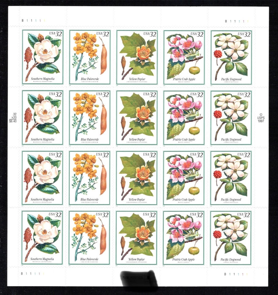 US #3193-3197 MNH M/S 1998 Flowering Tree Magnolia Poplar Dogwood [Pos 6 B11111] - Image 1 of 1