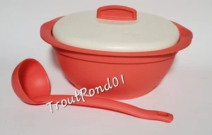 Tupperware Legacy Covered Soup Tureen Serving Dish Ladle Spoon Coral Guava New - Picture 1 of 3