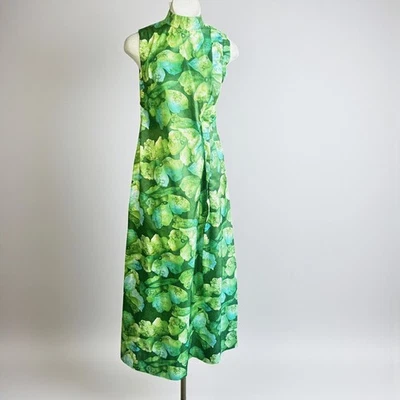 Vintage Handmade Green Floral Sleeveless Maxi Hostess Cocktail Dress - Image 1 of 4
