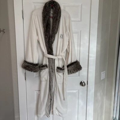 Pottery Barn Womens Plush Maxi Bathrobe Cream Brown Faux Fur Trim Pockets Belt L - Image 1 of 4