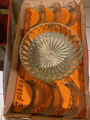 6 Coupelles + saladier Salade De Fruits Glace Verre Ciselé Ancien Deco Rétro - Photo 1/4