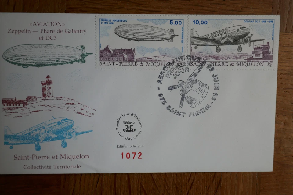 SPM/SAINT PIERRE ET MIQUELON FDC 1988 AIRPLANES - ZEPPELIN - DC3 - AIRMAIL - Image 1 of 1