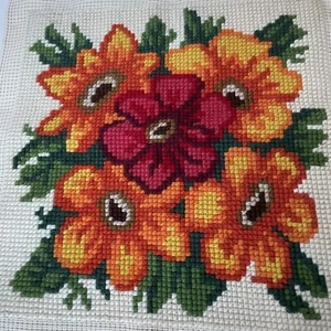 NEEDLEPOINT Cross Stitch CANVAS FLORAL Poppy Flowers Art Wall Pillow Orange Red - Picture 1 of 10