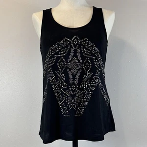 Black Vanity Sleeveless Tank Top Rhinestone Tribal Design Open Back Detail Sz S - Picture 1 of 14