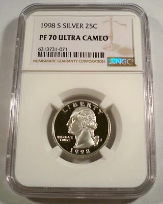 1998-S 25c SILVER NGC PF70UCAM WASHINGTON QUARTER PROOF ULTRA CAMEO PR 70 DC - Image 1 of 4
