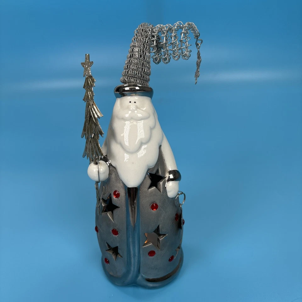"Figura de Papá Noel de cerámica candelabro luz de té de Navidad 9"" de alto blanco y plateado" Foto 1 de 4