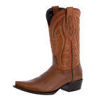 Mens Cognac Cowboy Wear Boots Western Dress Solid Leather Snip Toe Botas Vaquero