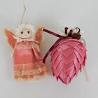 2 Handmade Pink Christmas Ornaments Angel with Wings Large Pinecone Hanging 6"