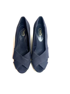 Chaps Navy Blue Peep Toe Wedge Sandals Women Size 9 B - Picture 1 of 14