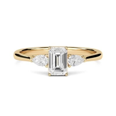 Three Stone Moissanite Women Ring Emerald and Pear Cut Yellow Gold Plated Ring - Image 1 of 4