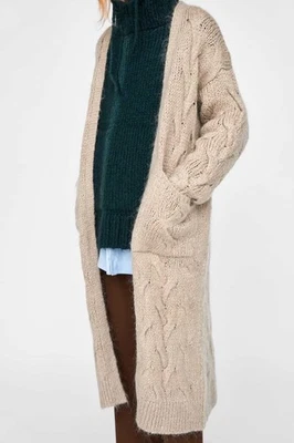 Zara Knit Cardigan Womens Medium Beige Chunky Cable Knit Long Open Front Sweater - Image 1 of 4