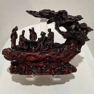 Cinnabar Resin Eight 8 Immortals Boat Tree Of Life Red Chinese 6.5” T x 8” L - Picture 1 of 24