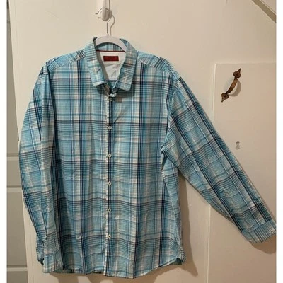 Camisa social masculina Alfani slim fit XL azul-petróleo xadrez manga longa botão para cima - Imagem 1 de 4