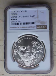 Moneda Panda de Plata de 1 oz de China NGC MS69 1995 (rama pequeña fecha pequeña, fecha micro) - Imagen 1 de 2