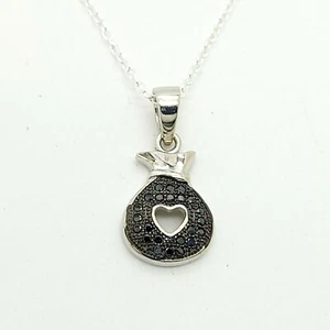 New 925 Sterling Silver Black Spinel Heart Money Bag Pendant 18In Chain Necklace - Picture 1 of 10