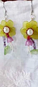 punchy green, lavender flower pierced ear earrings with pearls and leaves - Picture 1 of 5