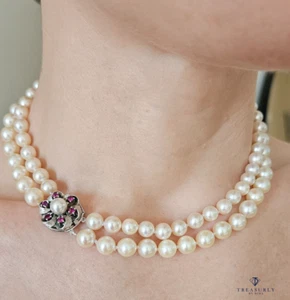 Vintage Akoya Cultured Japanese White Pearl Double Strand 14KW Gold Ruby Clasp - Picture 1 of 24