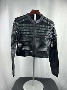 Yoki Women’s Black Faux Leather Striped Mesh Cropped Full Zip Jacket Size Large - Picture 1 of 5