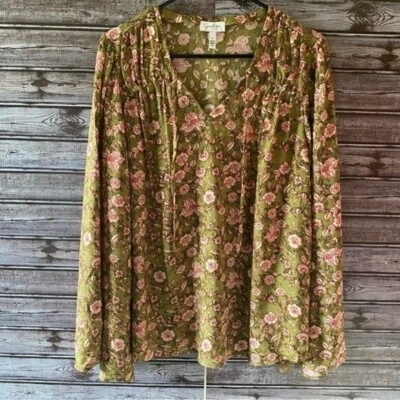 Jessica Simpson Women's Long-Sleeved Blouse Size L Floral V-Neck Tie Detail - Image 1 of 4