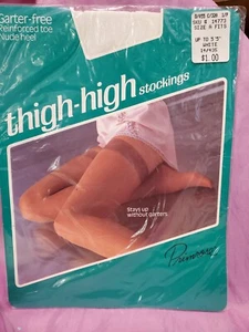 VINTAGE PRIMROSE WHITE THIGH  HIGHS GARTER FREE STOCKINGS sz A NEW WEDDING  - Picture 1 of 8