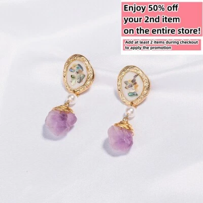 Bohemian Drop Dangle Earrings Pearl Natural Purple Gemstone Handmade Boho Style - Image 1 of 4