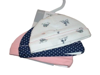 Carters Baby Girl 0-3 months Hat 3pk Pink Navy Park Set Size Beanie 3M NWT NEW - Image 1 of 2
