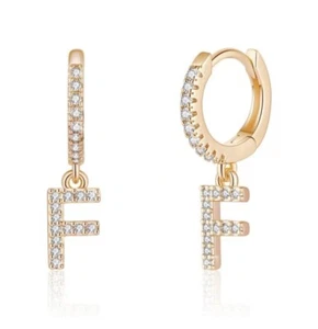 Letter F- Initial Huggie Hoop Earrings Stainless Steel Post 14K Gold Plated - Picture 1 of 2