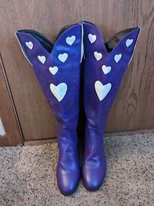 NEW Size 43 Women's Purple Embroidered Cowboy Boots White Hearts Faux Leather
