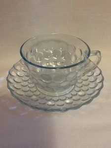 ANCHOR HOCKING BLUE BUBBLE GLASS  CUP AND SAUCER SET - Picture 1 of 3