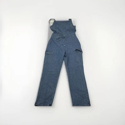 Tinseltown Women’s Denim Jumpsuit Medium Blue Jean Overalls Cargo Pockets Tie - Image 1 of 4