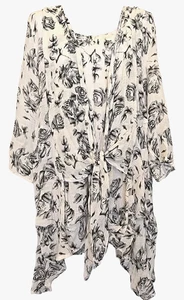Christine Phillipe XL tie front long asymmetrical blouse top ivory black roses - Picture 1 of 7