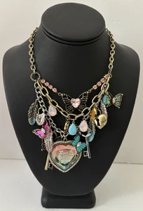 Betsey Johnson Charm Key Lock Statement Necklace Butterfly Heart Love Rhinestone - Picture 1 of 9