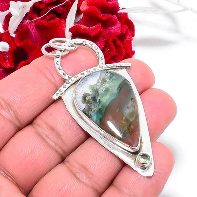 Bloodstone / Heliotrope - Africa & Green Amethyst 925 Silver Pendant 2.54" P8417 - Image 1 of 4