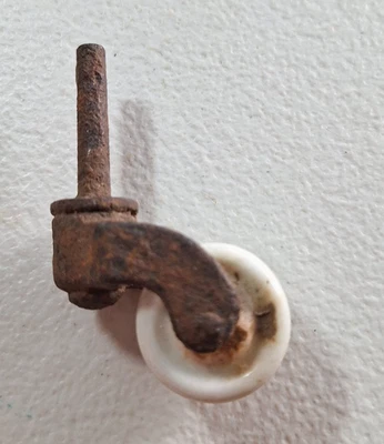 ANTIQUE Furniture White Porcelein Swivel Metal Iron Casters Wheel Roller - Image 1 of 4