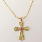 Nouveau collier porte-bonheur vert olive cristal houx croix fleur NE1260