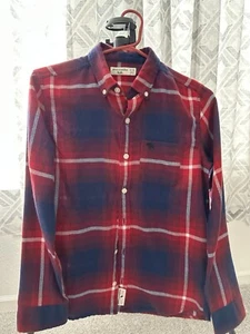 Abercrombie &Fitch Youth Red and Navy Flannel Long Sleeve Polosz15/16 - Picture 1 of 4