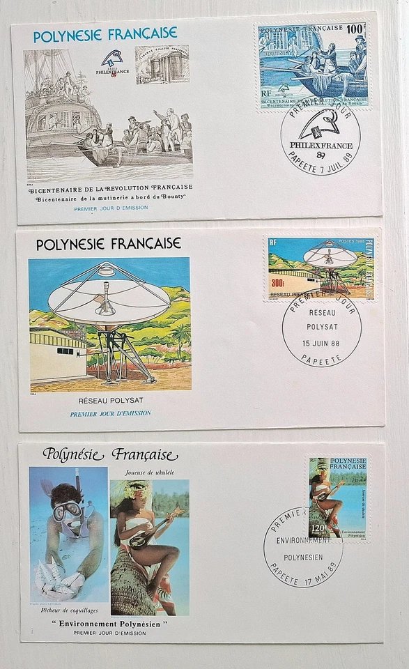 1988 & 1989 French Polynesia stamps on 3 x FDCs - Image 1 of 1