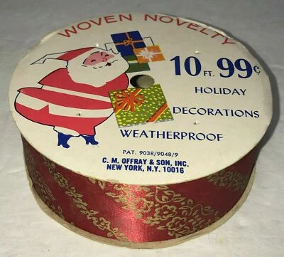 Fita de presente de Natal 10 pés vintage Offray Papai Noel ouro vermelho década de 1970 tecido novidade - Imagem 1 de 4