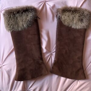 NEW Leather / Suede w/ Fur Boot Enhancer Cover Leg Warmer ~ Brown Zip