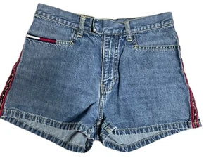 Tommy Girl Hilfiger Denim Jean Shorts Spellout Side Stripe Juniors Size 7 - Picture 1 of 5