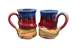 Studio Art Pottery 8 Oz Blue Red Brown Expresso Mugs Signed (2) - Picture 1 of 10
