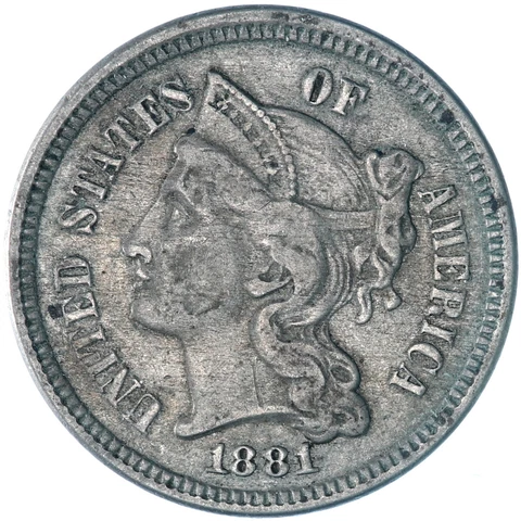 1881 (P) Three Cent Nickel Very Fine VF Reverse Scratches See Pics F407 Cover