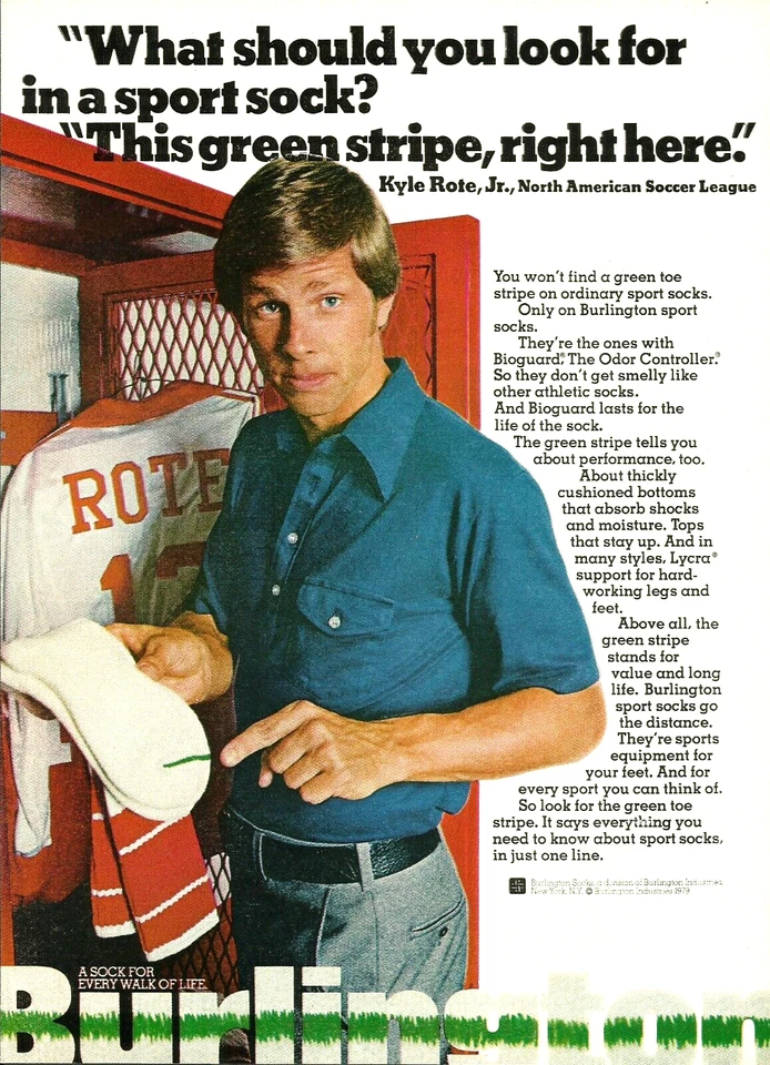 Calcetines deportivos Burlington 1979 Kyle Rote Jr rayas verdes fútbol estampado vintage AD Foto 1 de 1