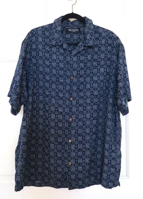 Brandini Shirt Mens Large  100% Silk Blue white Button Up geometric pattern - Image 1 of 4