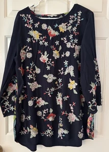 John Mark Tunic Top Medium Navy Floral Embroidered Layered Sheer Back Layer - Picture 1 of 6