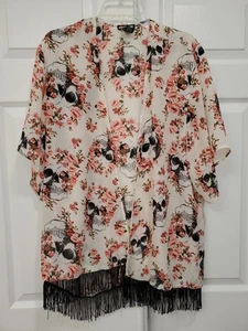 Hot Topic Kimono vorne offen Blumen Totenkopf Druck Strand Coverup durchsichtig Wickel Gr. M - Bild 1 von 7