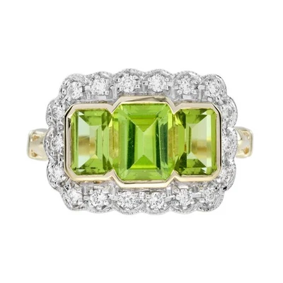 Anillo de tres piedras estilo Art Deco y peridoto natural de oro amarillo de 14K estilo Foto 1 de 4