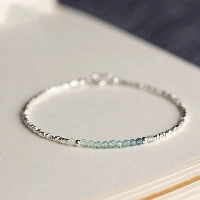 Dainty Aquamarine Silver Chip Healing Reiki Purple Crystal Minimalist Bracelet - Image 1 of 4